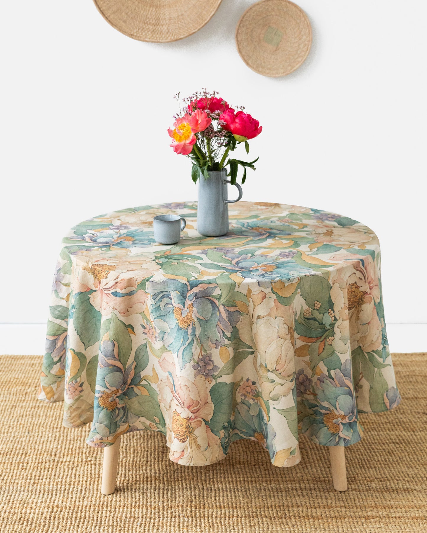 Round Linen Tablecloth in Vibrant peonies natural | MagicLinen