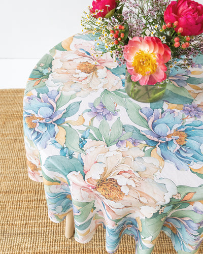 Round Linen Tablecloth in Vibrant peonies print on white | MagicLinen