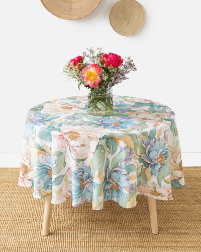 Round Linen Tablecloth in Vibrant peonies print on white | MagicLinen