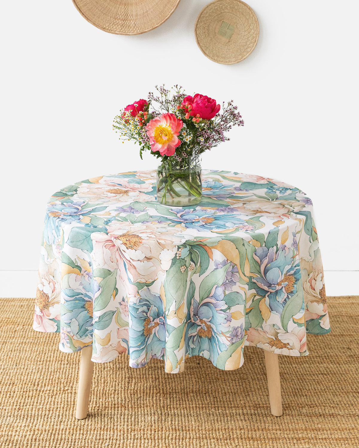 Round linen tablecloth Vibrant peonies print on