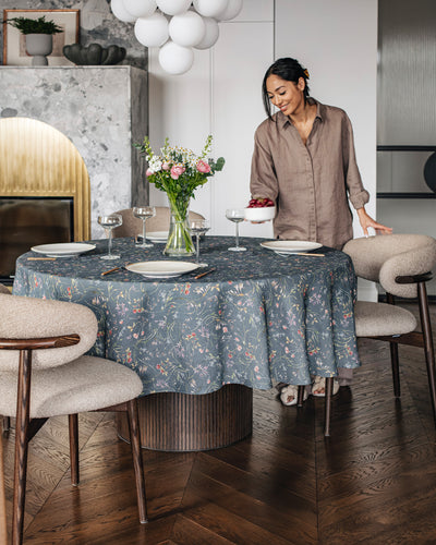Round Linen Tablecloth in Wildflowers print on deep navy blue | MagicLinen