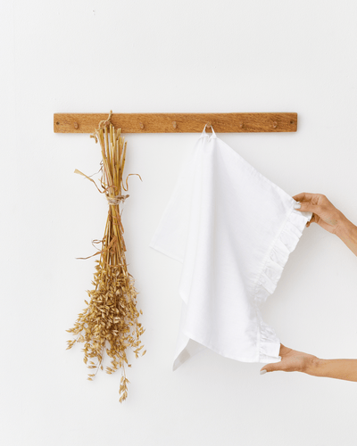 Ruffle trim linen tea towel in White