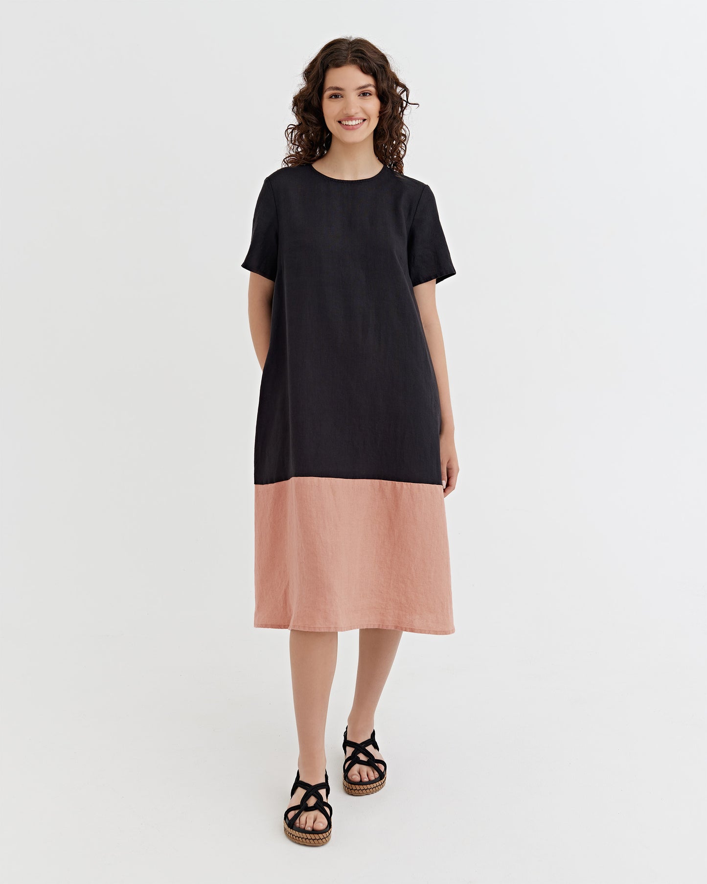 Color-block Linen Dress SCILLA in black and ash rose
