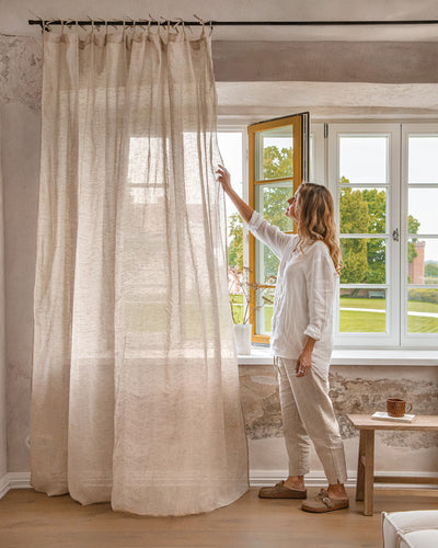 Sheer Tie Top Linen Curtain in Natural melange | MagicLinen