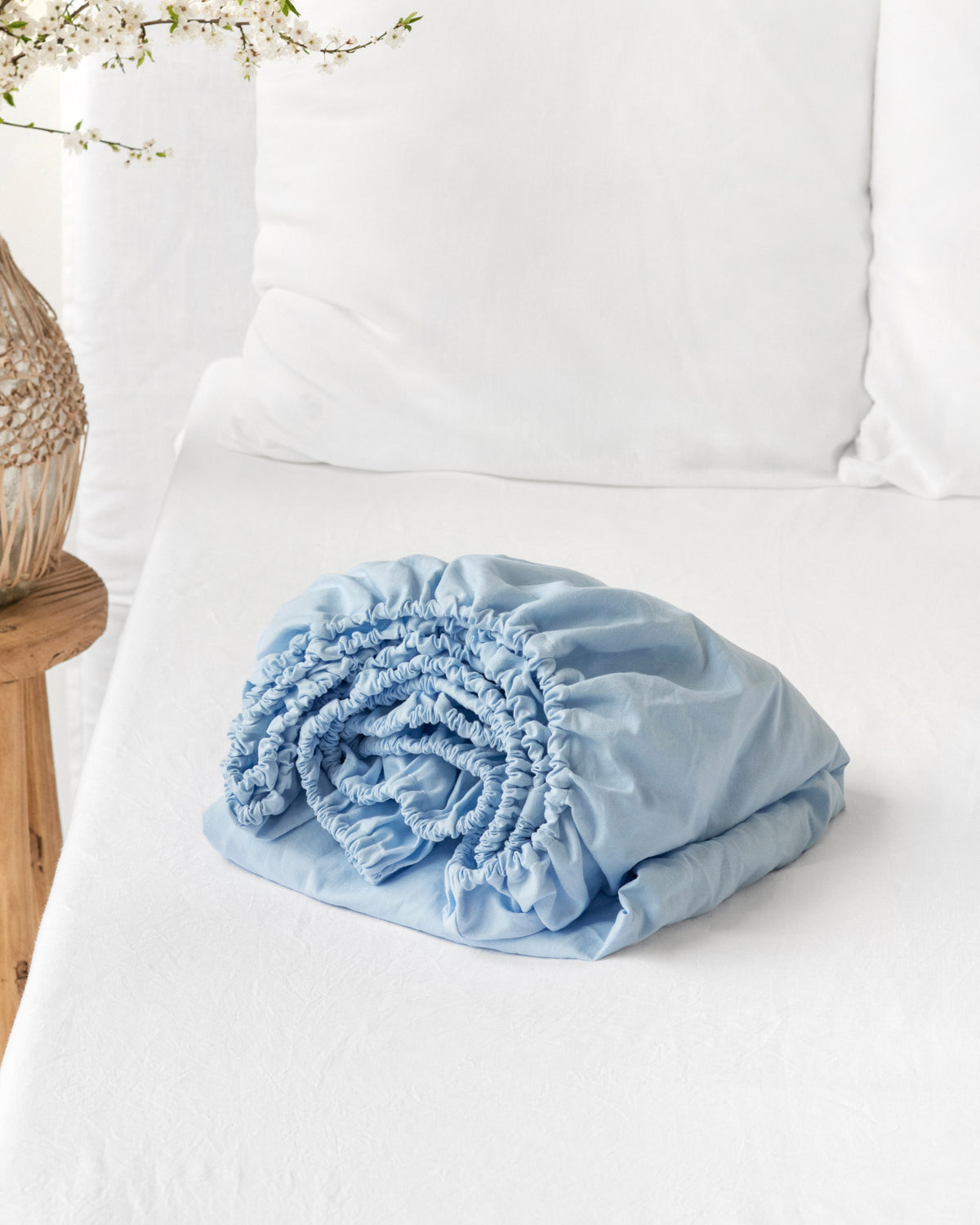 Sky blue linen cotton fitted sheet