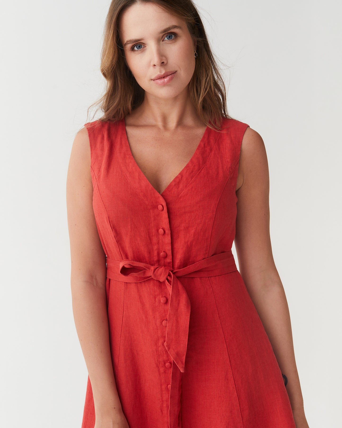 Sleeveless Linen Dress ACADIA in Aurora red | MagicLinen