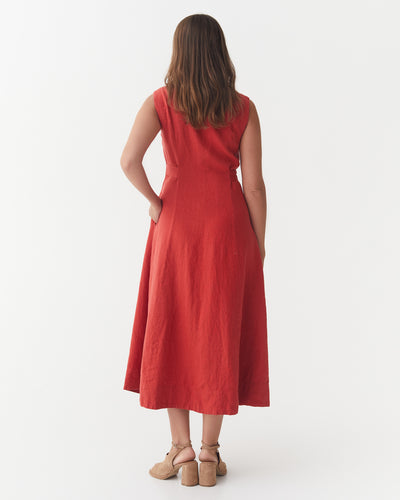 Sleeveless Linen Dress ACADIA in Aurora red | MagicLinen modelBoxOn