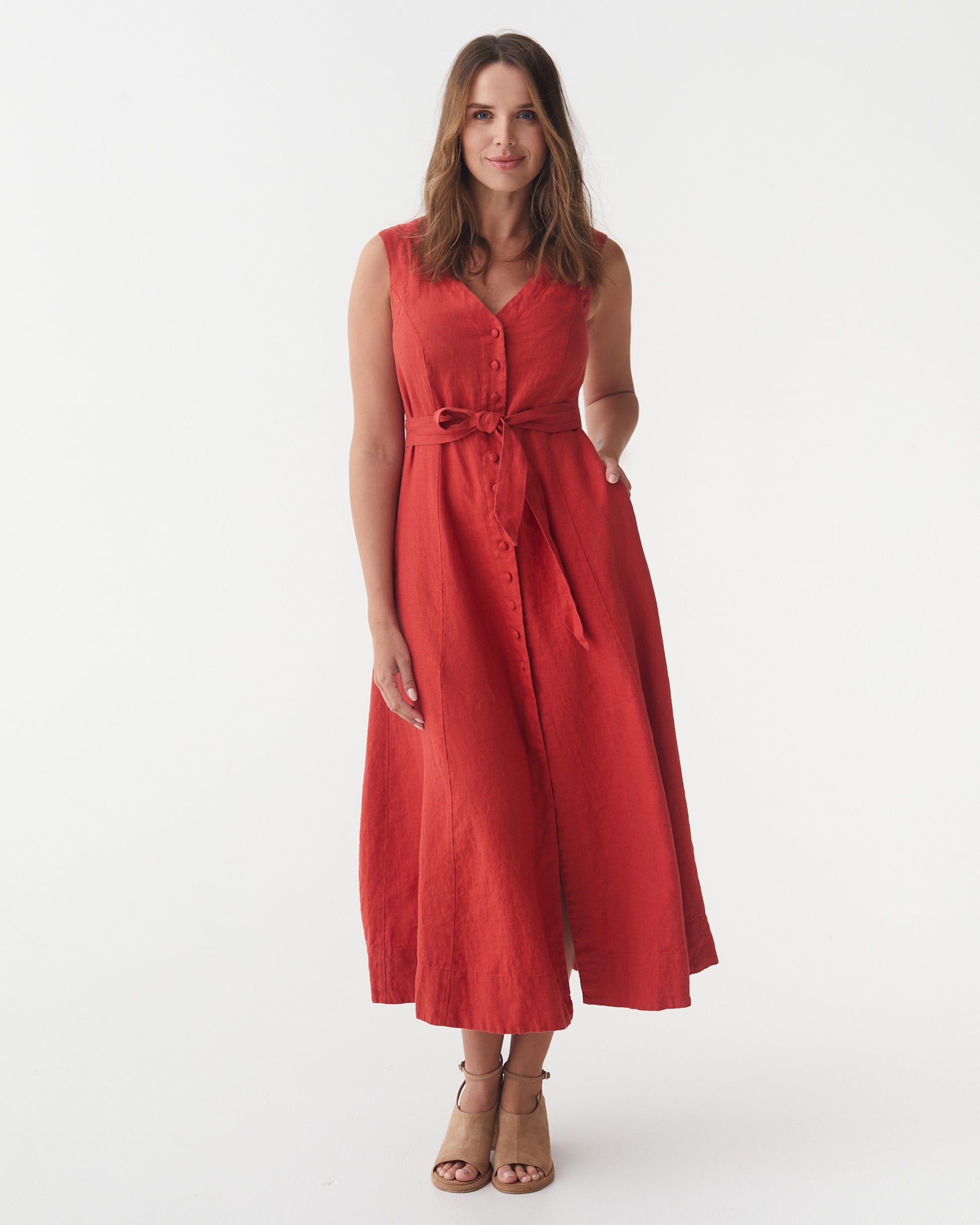 Sleeveless Linen Dress ACADIA in Aurora red | MagicLinen modelBoxOn