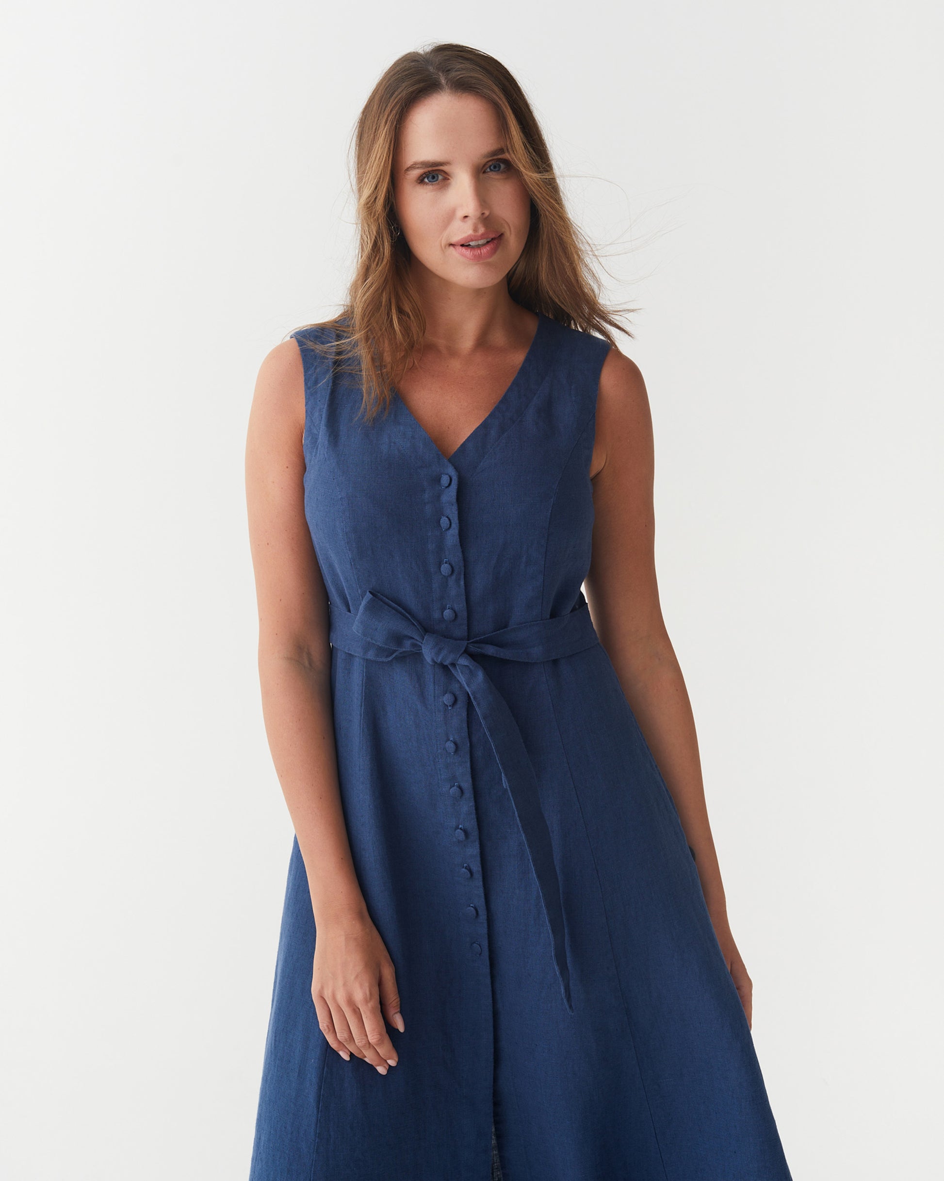 Sleeveless Linen Dress ACADIA in Deep Navy Blue | MagicLinen
