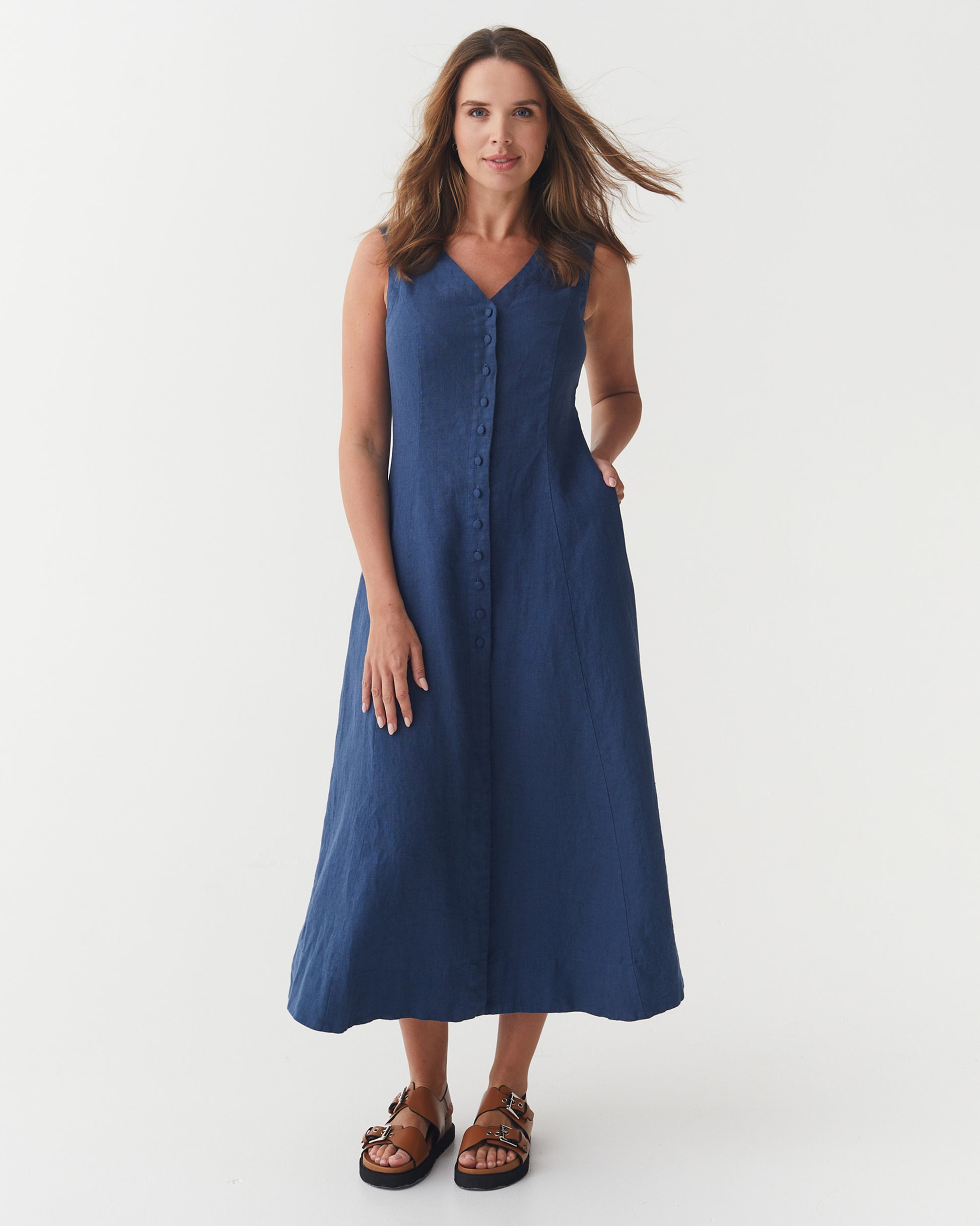 Sleeveless Linen Dress ACADIA in Deep Navy Blue | MagicLinen
