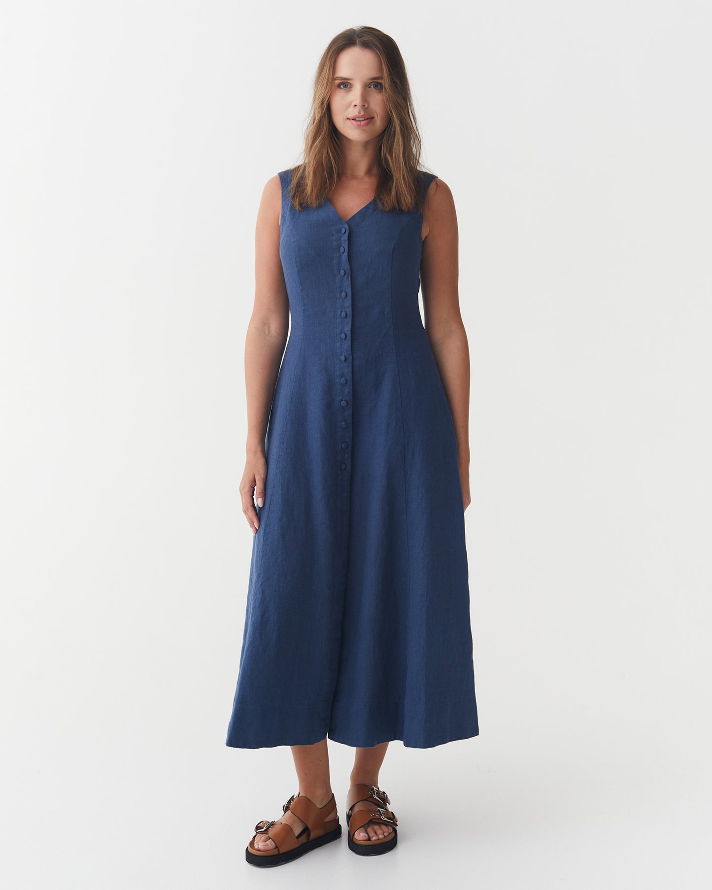 Sleeveless Linen Dress ACADIA in Deep Navy Blue | MagicLinen modelBoxOn