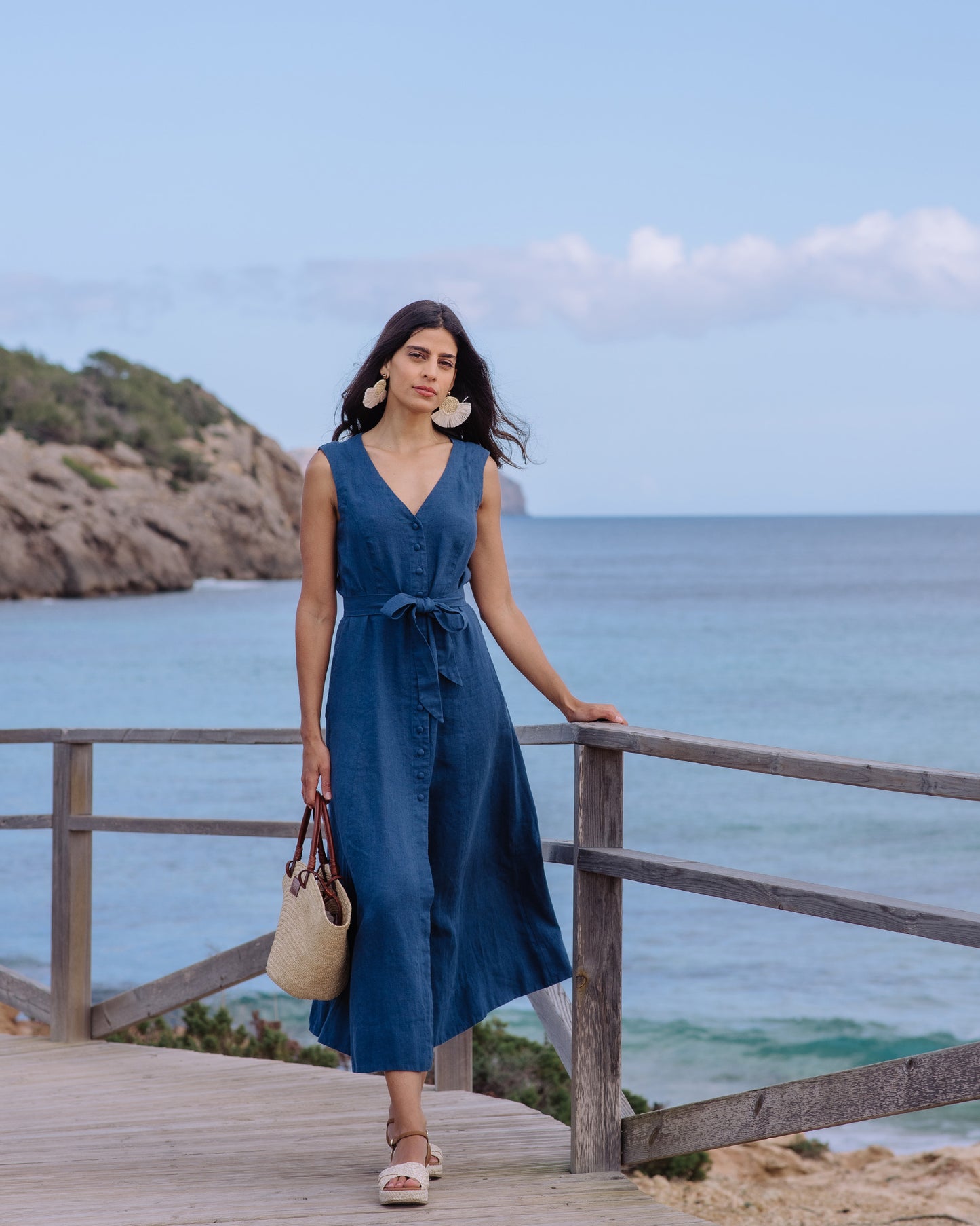 Sleeveless Linen Dress ACADIA in Deep Navy Blue | MagicLinen modelBoxOn2