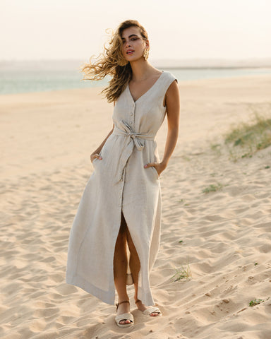 Sleeveless Linen Dress ACADIA in Natural melange | MagicLinen S Sleeveless Linen Dress ACADIA in Natural melange | MagicLinen S