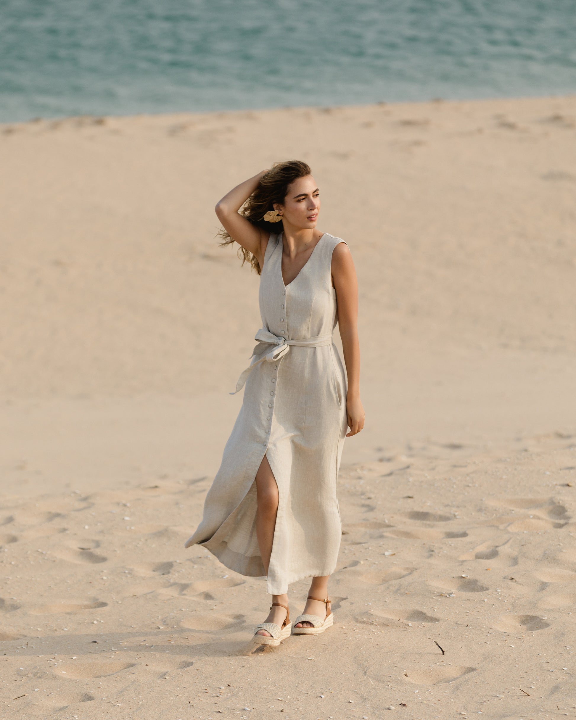 Sleeveless Linen Dress ACADIA in Natural melange | MagicLinen S Sleeveless Linen Dress ACADIA in Natural melange | MagicLinen S