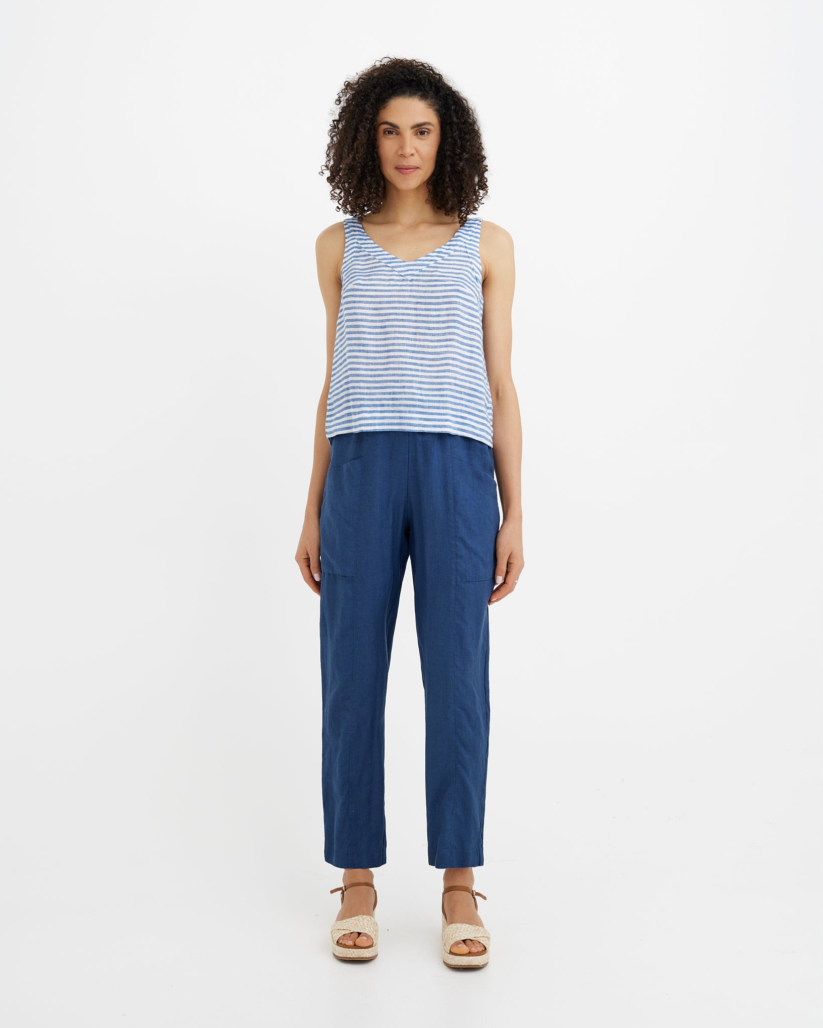 MagicLinen Cobalt Blue Stripes DOURO relaxed-fit sleeveless linen top with V-neck  