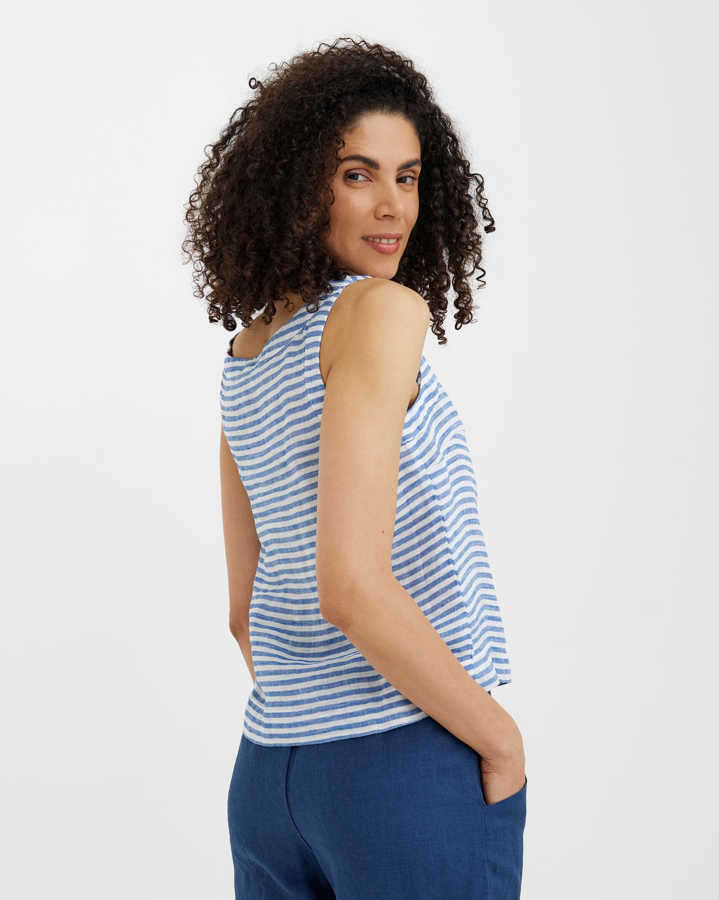 MagicLinen Cobalt Blue Stripes European flax linen top with white base and cobalt striping  