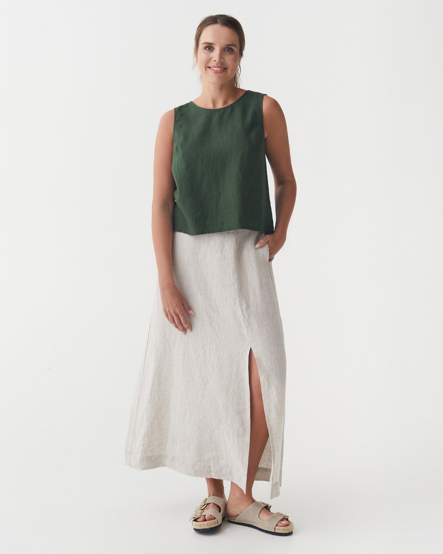 Split Back Linen Top TONGA in Deep green | MagicLinen