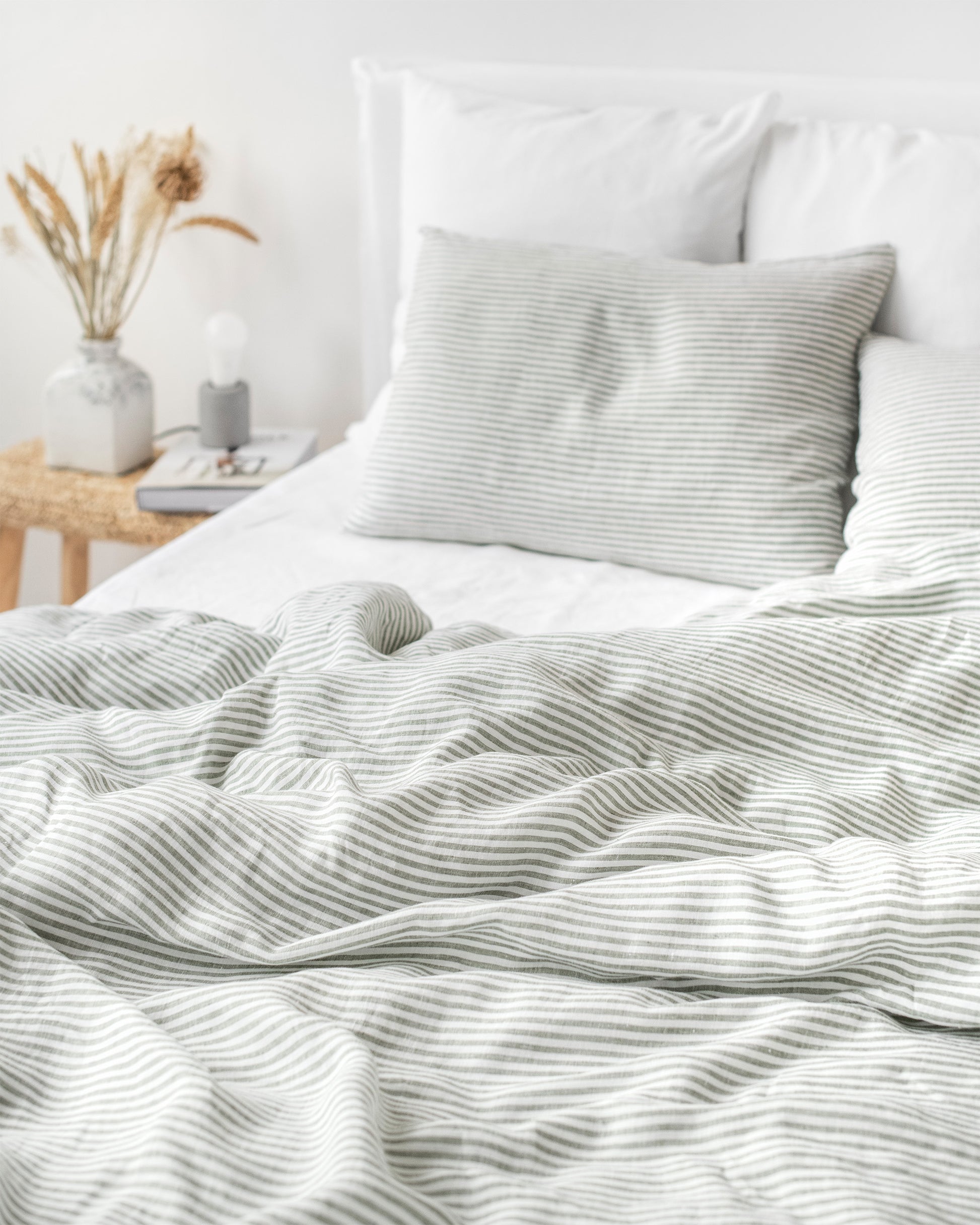 Forest green Striped Linen Duvet Cover | MagicLinen