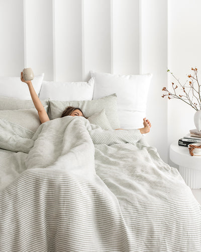 Forest green Striped Linen Duvet Cover | MagicLinen