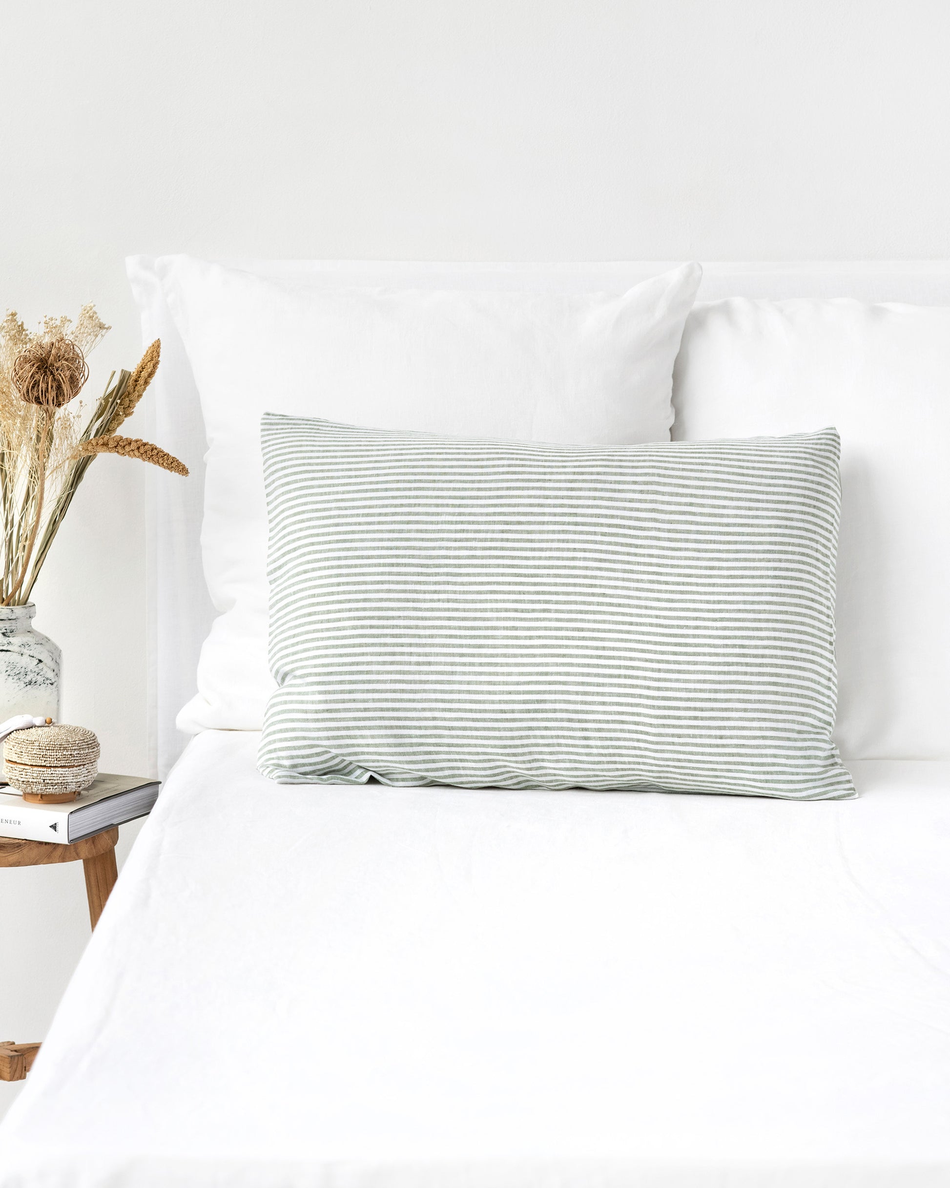 Striped in forest green Linen Pillow Cover pillowcase | MagicLinen