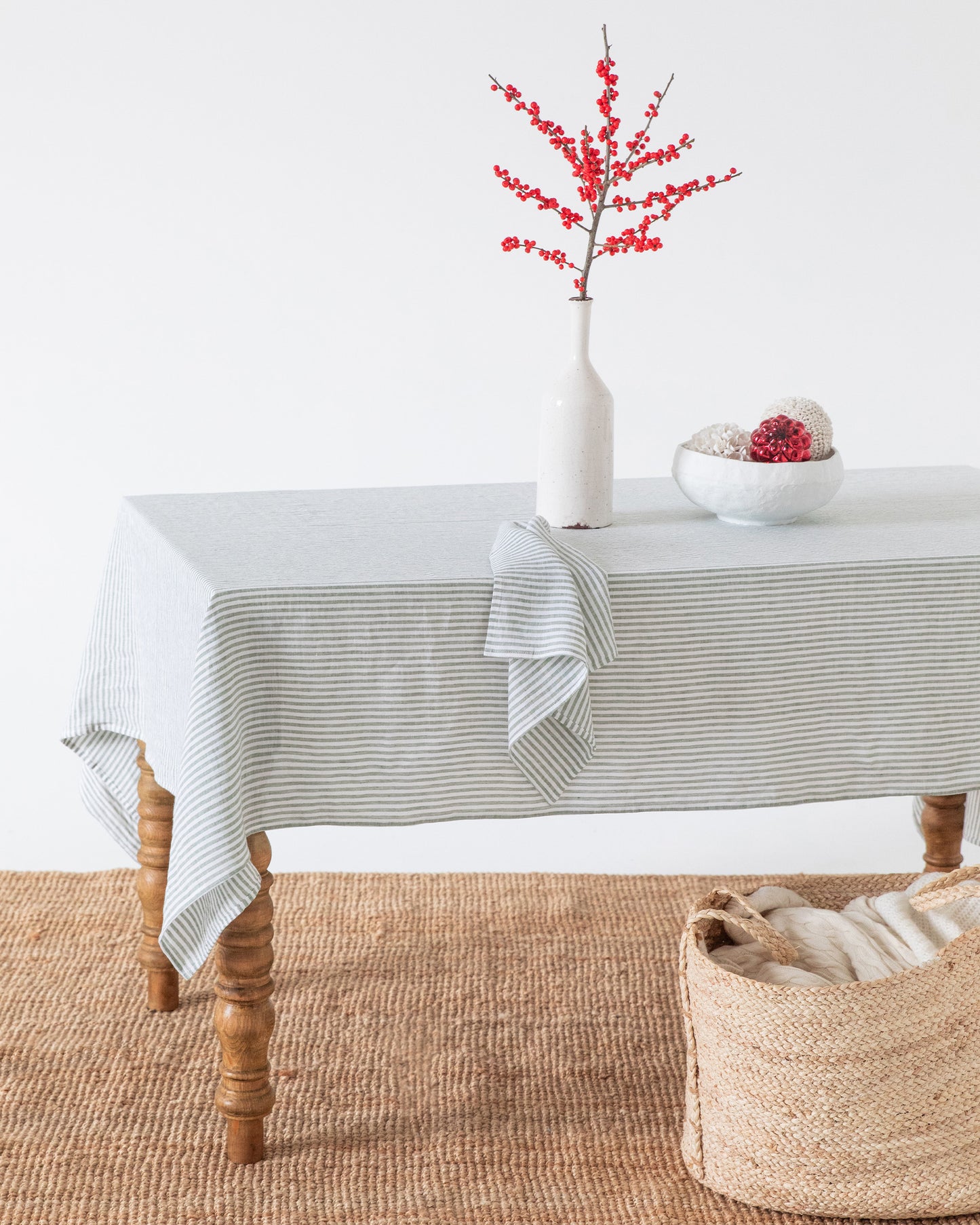 Striped in Forest green Linen tablecloth | MagicLinen