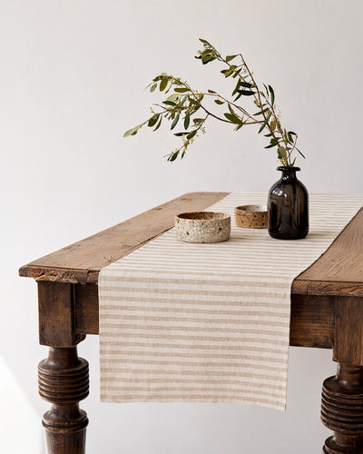 Linen table runner in Striped in natural