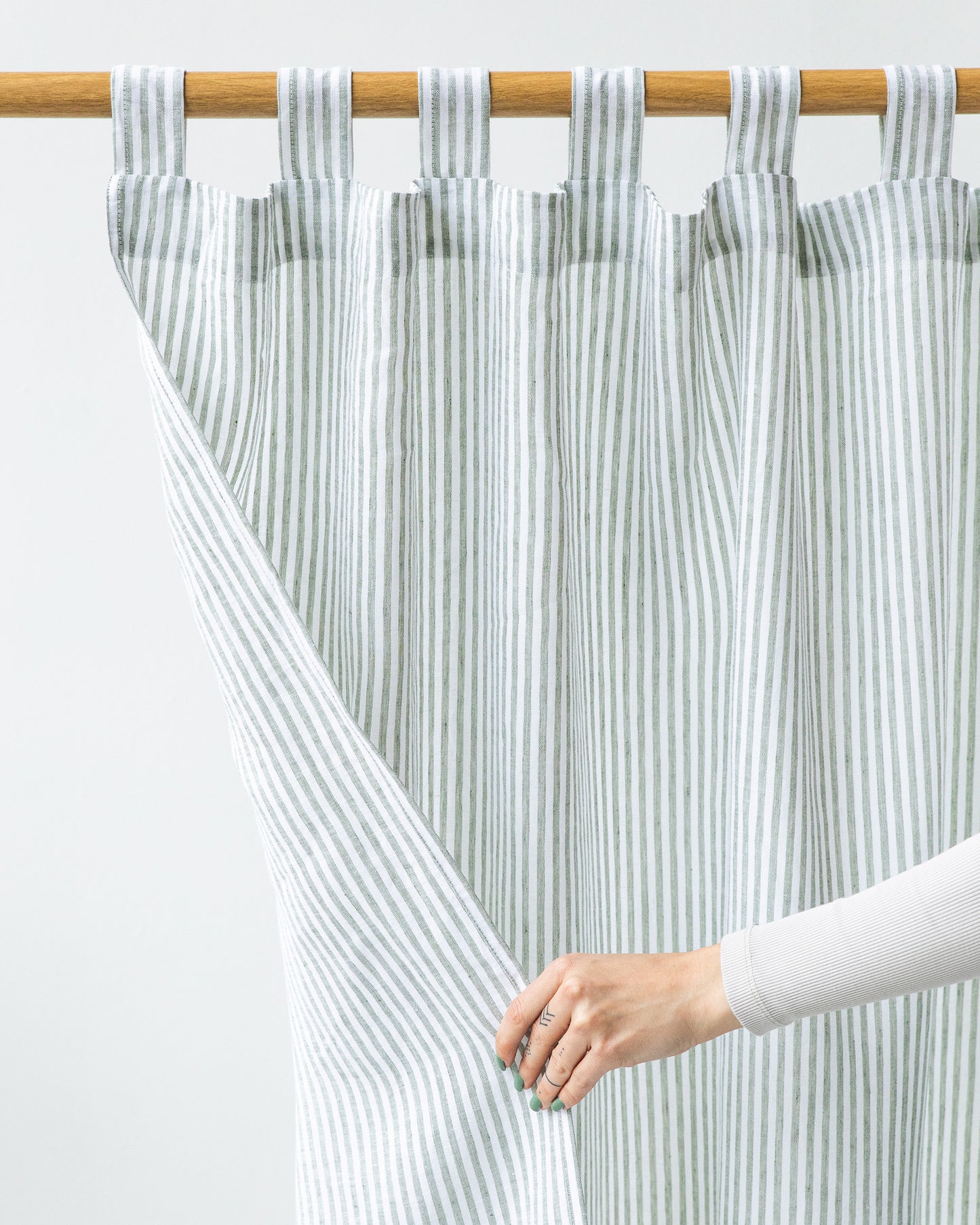 Tab Top Linen Curtain Panel in Striped in Forest Green | MagicLinen