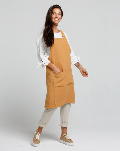 Pinafore cross-back linen apron in Tan | MagicLinen