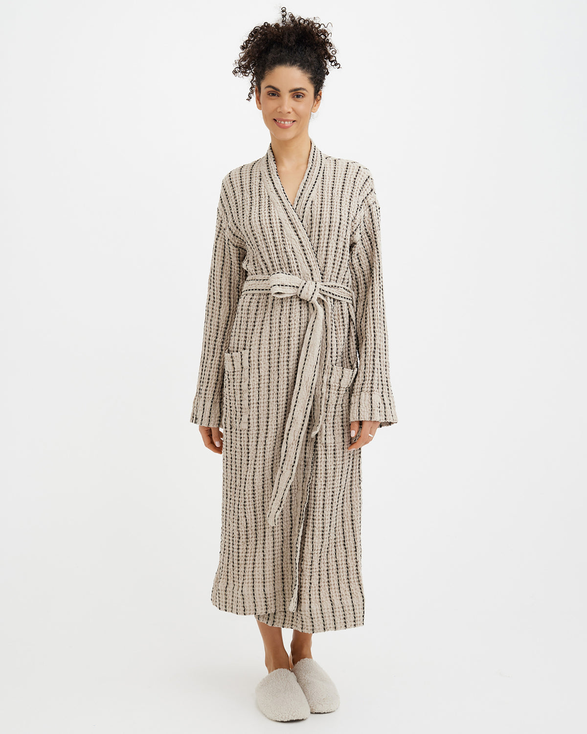 Women's waffle robe in Thin striped