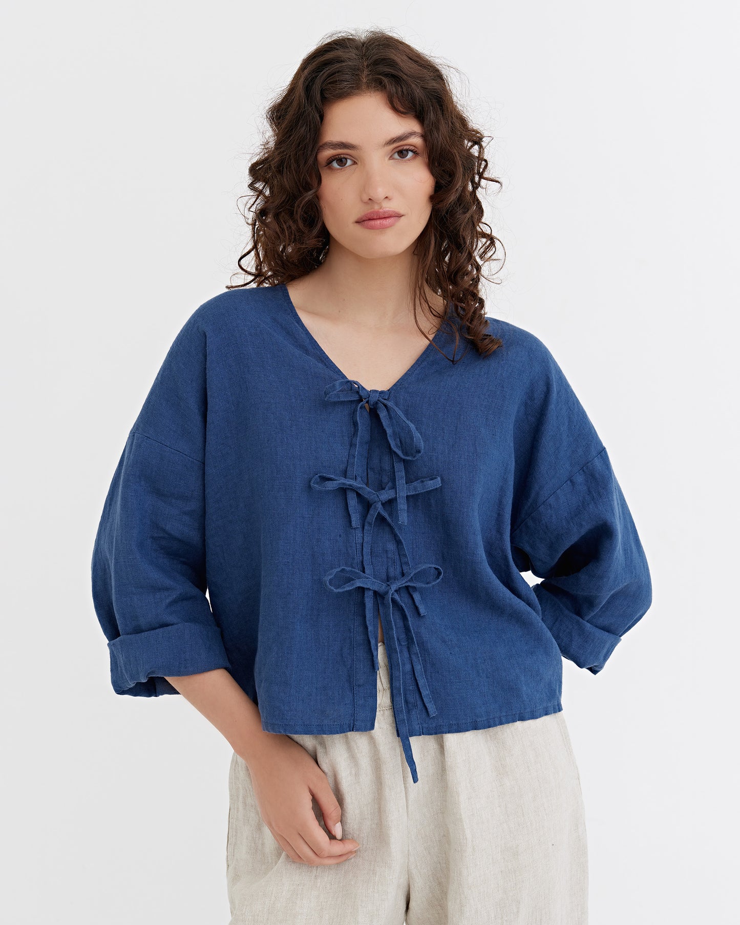 Tie-Front top ORIOLO in Deep navy blue | MagicLinen