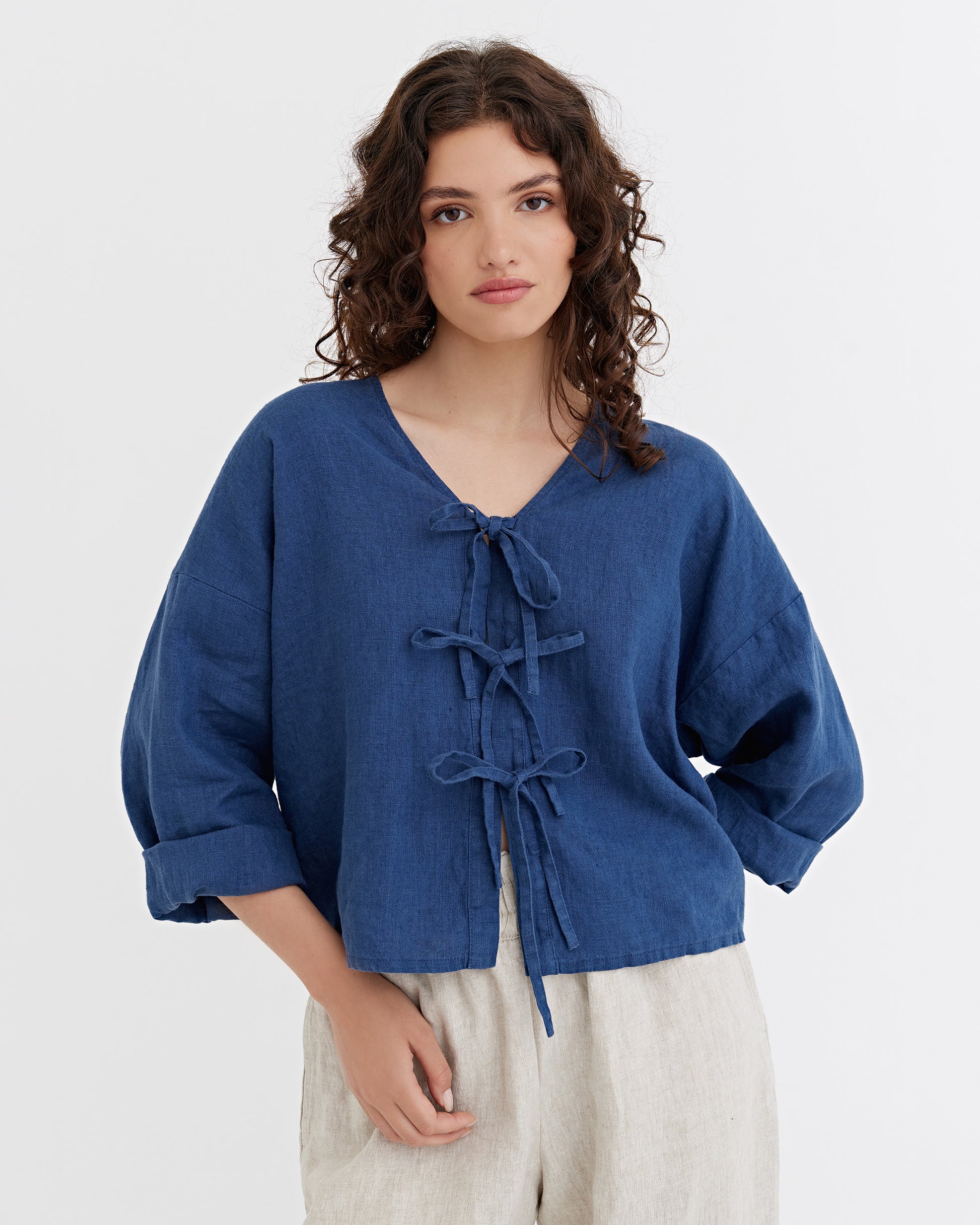 Tie-Front top ORIOLO in Deep navy blue | MagicLinen