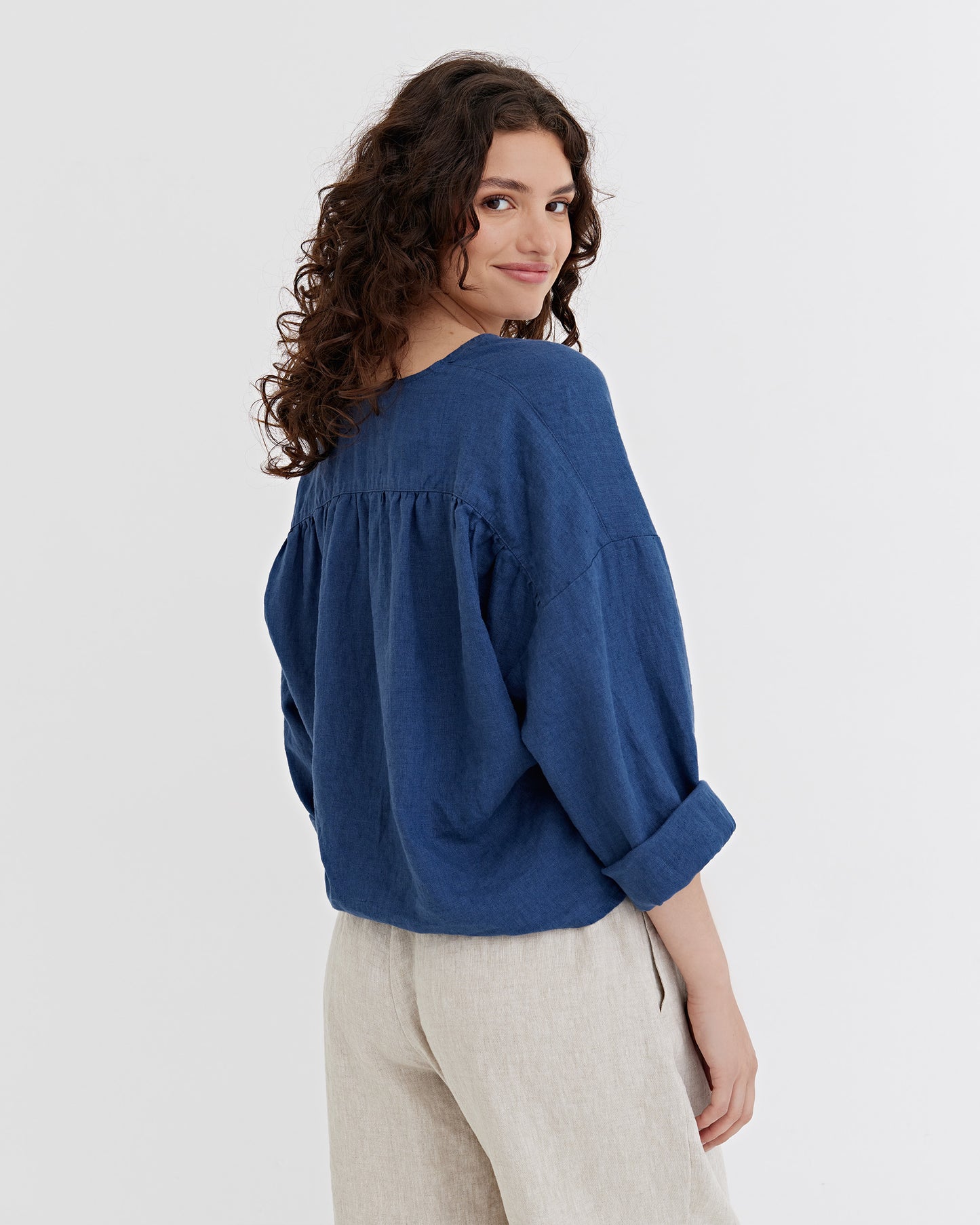 Tie-Front top ORIOLO in Deep navy blue | MagicLinen