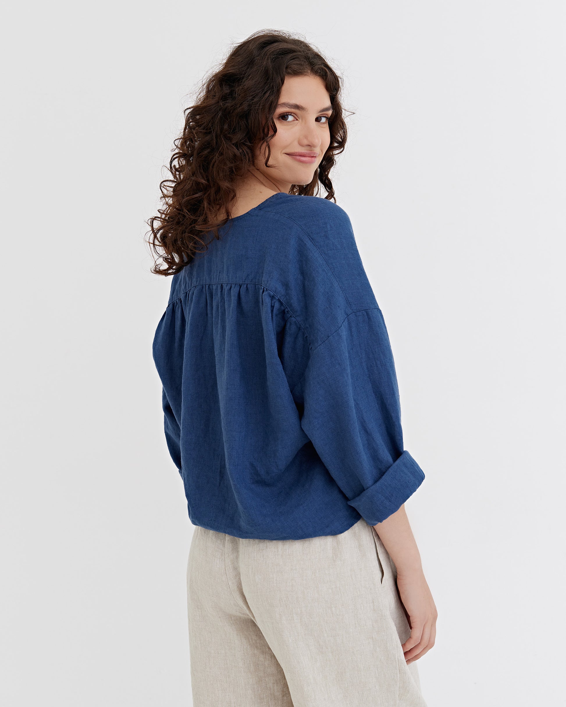 Tie-Front top ORIOLO in Deep navy blue | MagicLinen