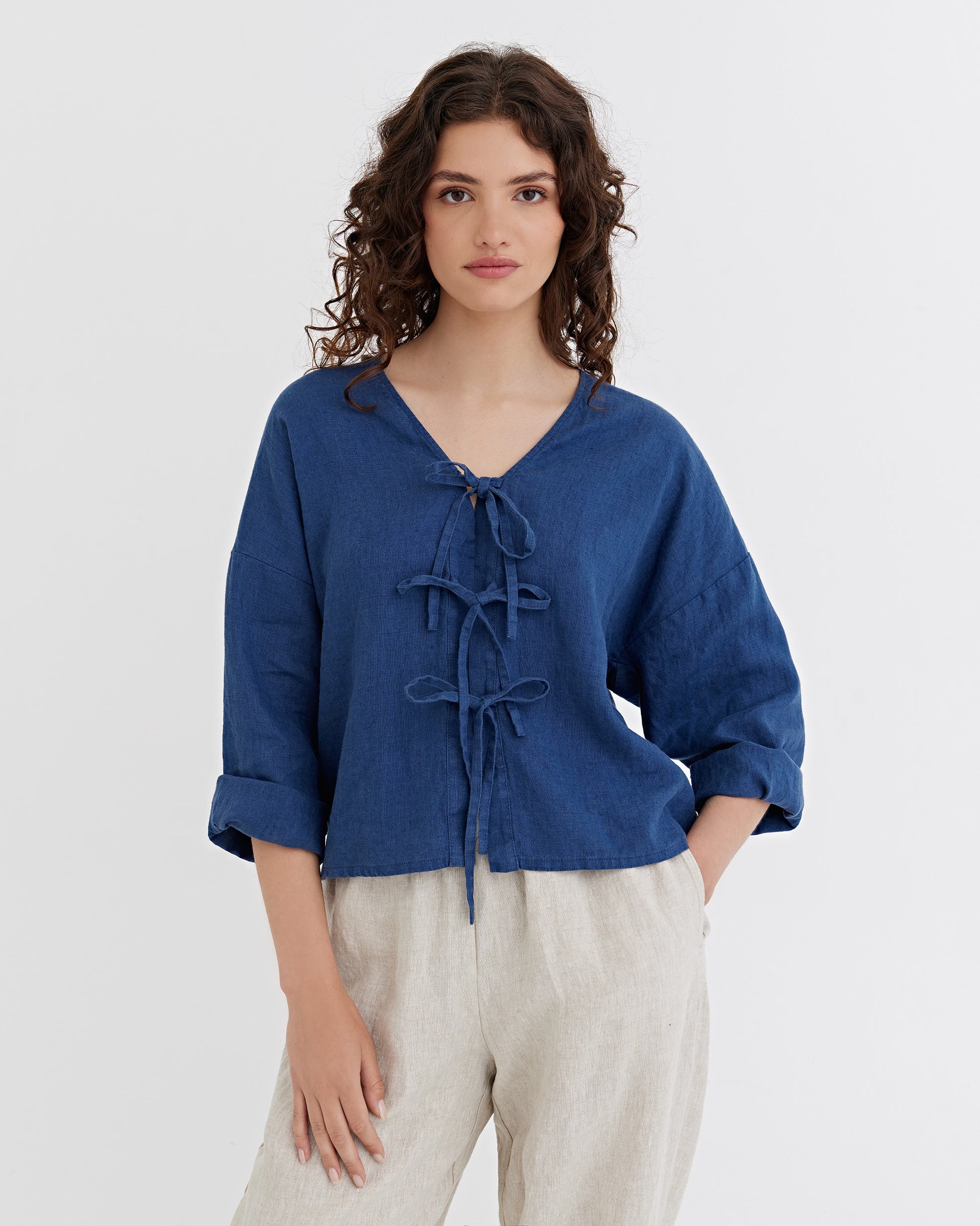 Tie-Front top ORIOLO in Deep navy blue | MagicLinen