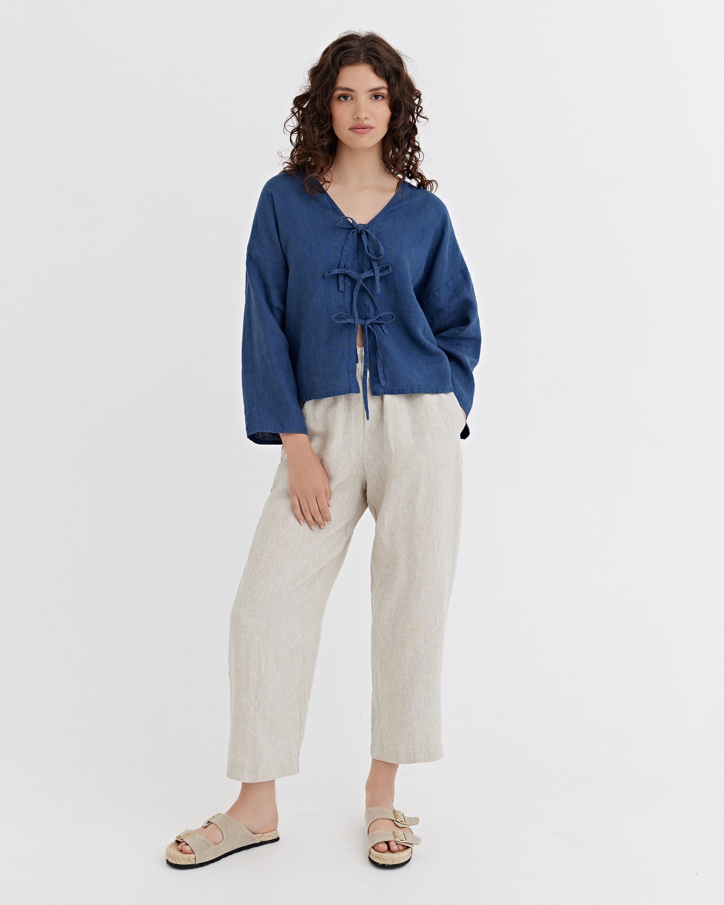 Tie-Front top ORIOLO in Deep navy blue | MagicLinen