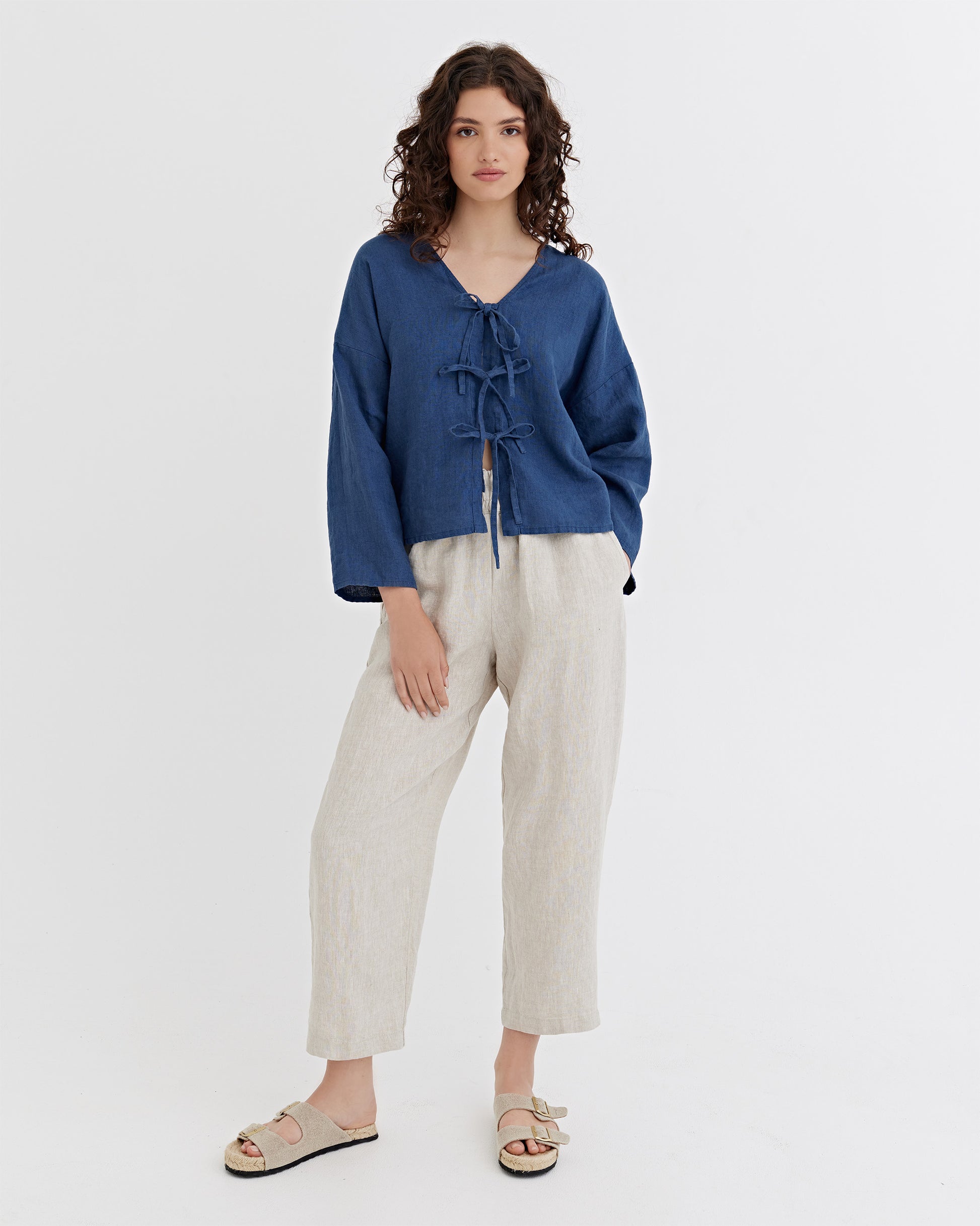 Tie-Front top ORIOLO in Deep navy blue | MagicLinen