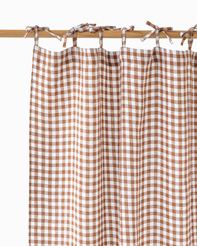 Tie top linen curtain panel in Cinnamon gingham - MagicLinen