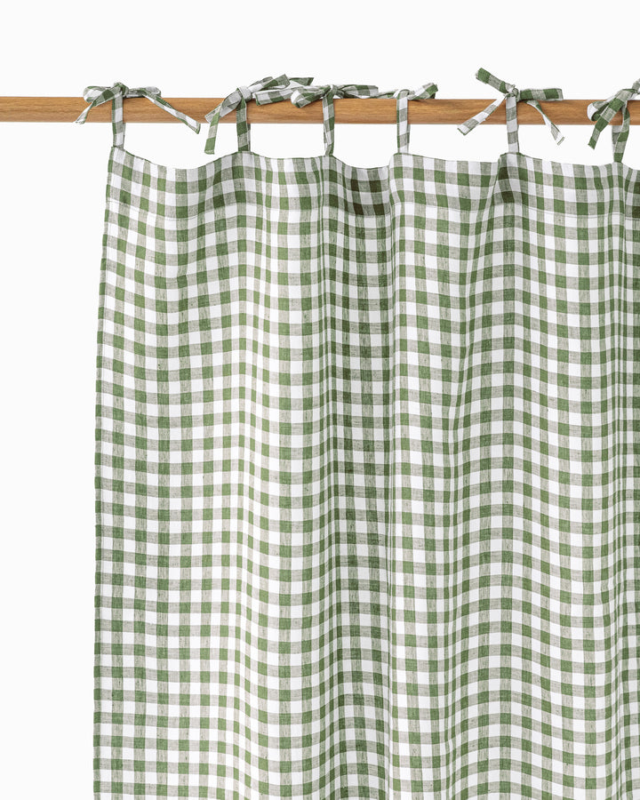 Tie top linen curtain panel (1 pcs) in Forest green gingham - MagicLinen