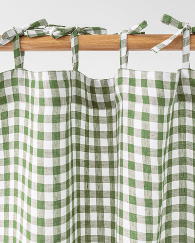 Tie top linen curtain panel (1 pcs) in Forest green gingham - MagicLinen