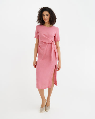 MagicLinen Flamingo MIAMI tie-waist linen dress, European flax plain weave modelBoxOn