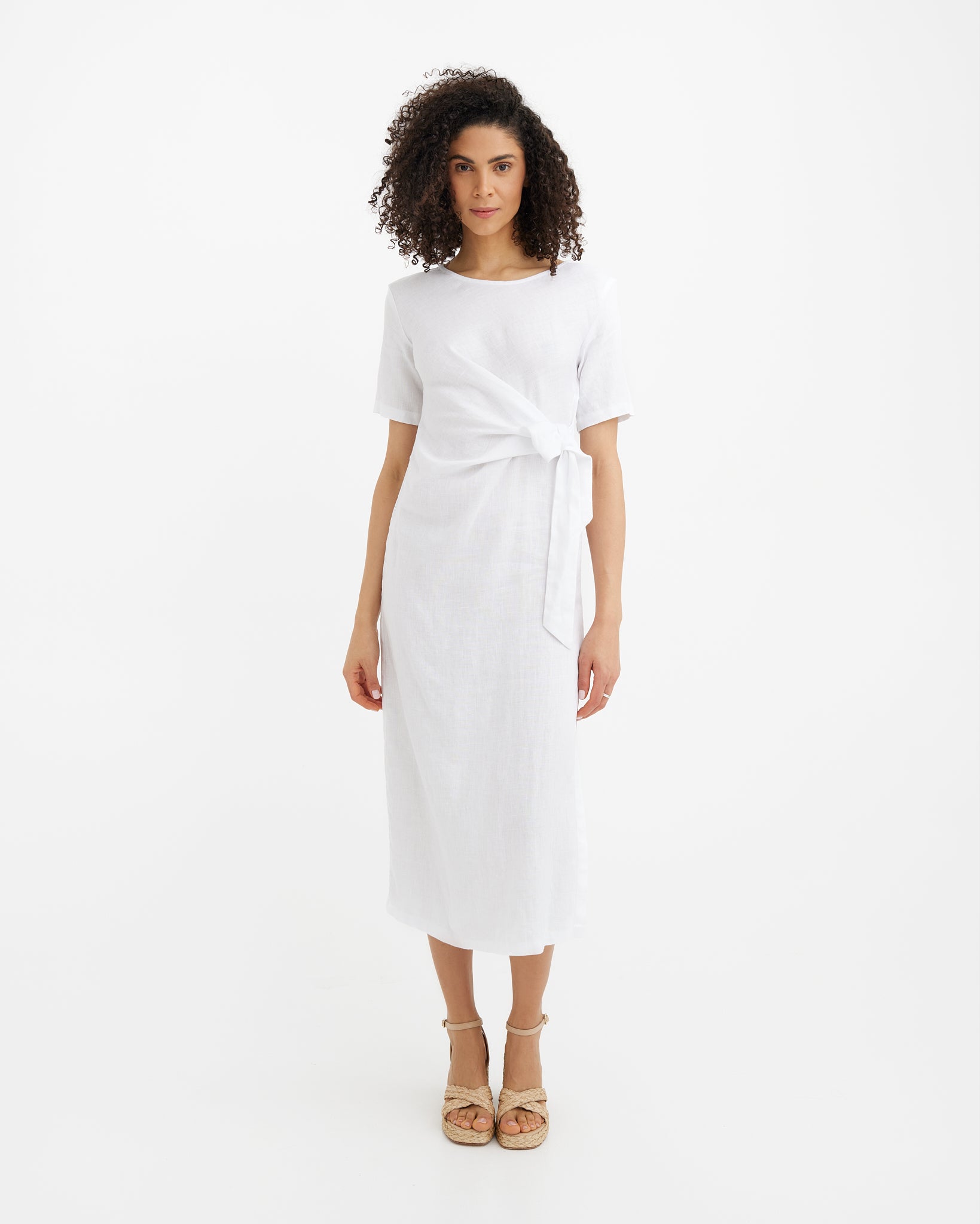 MagicLinen White MIAMI tie-waist linen dress, European flax plain weave modelBoxOn
