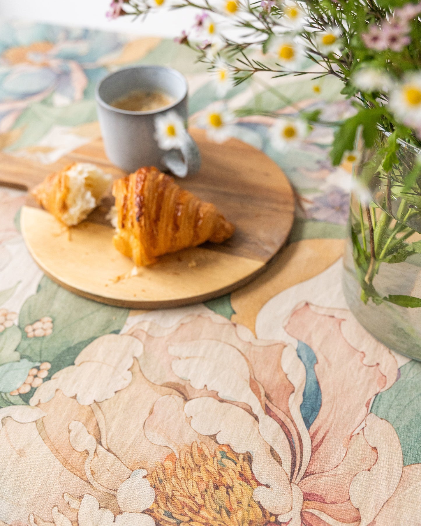 Vibrant peonies print on natural Linen Tablecloth | MagicLinen