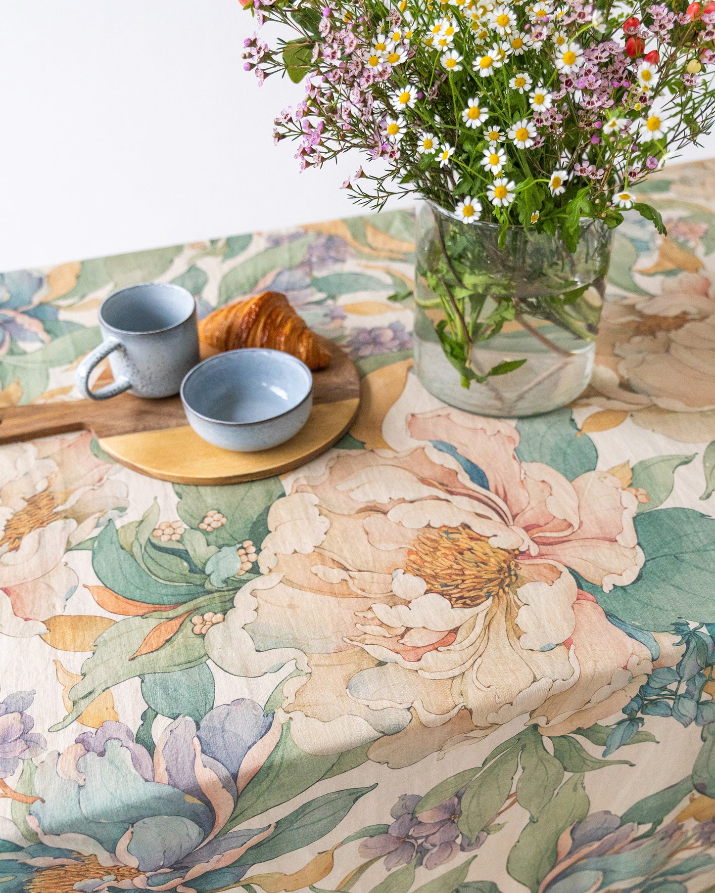 Vibrant peonies print on natural Linen Tablecloth | MagicLinen