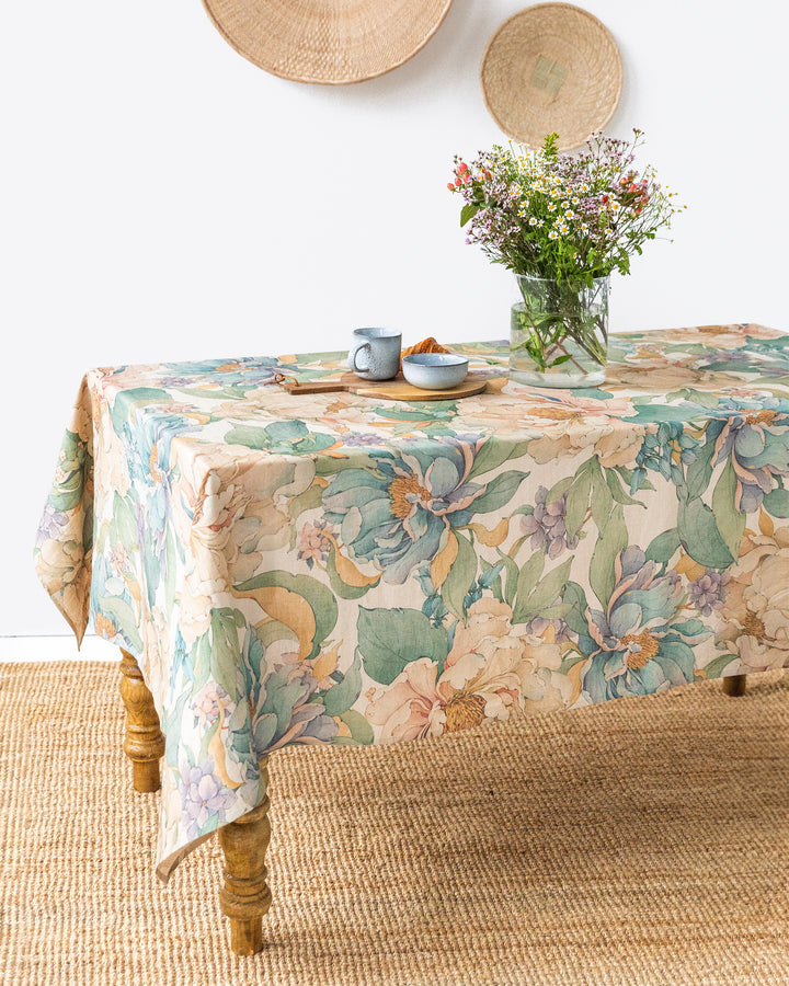 Vibrant peonies print on natural Linen Tablecloth | MagicLinen