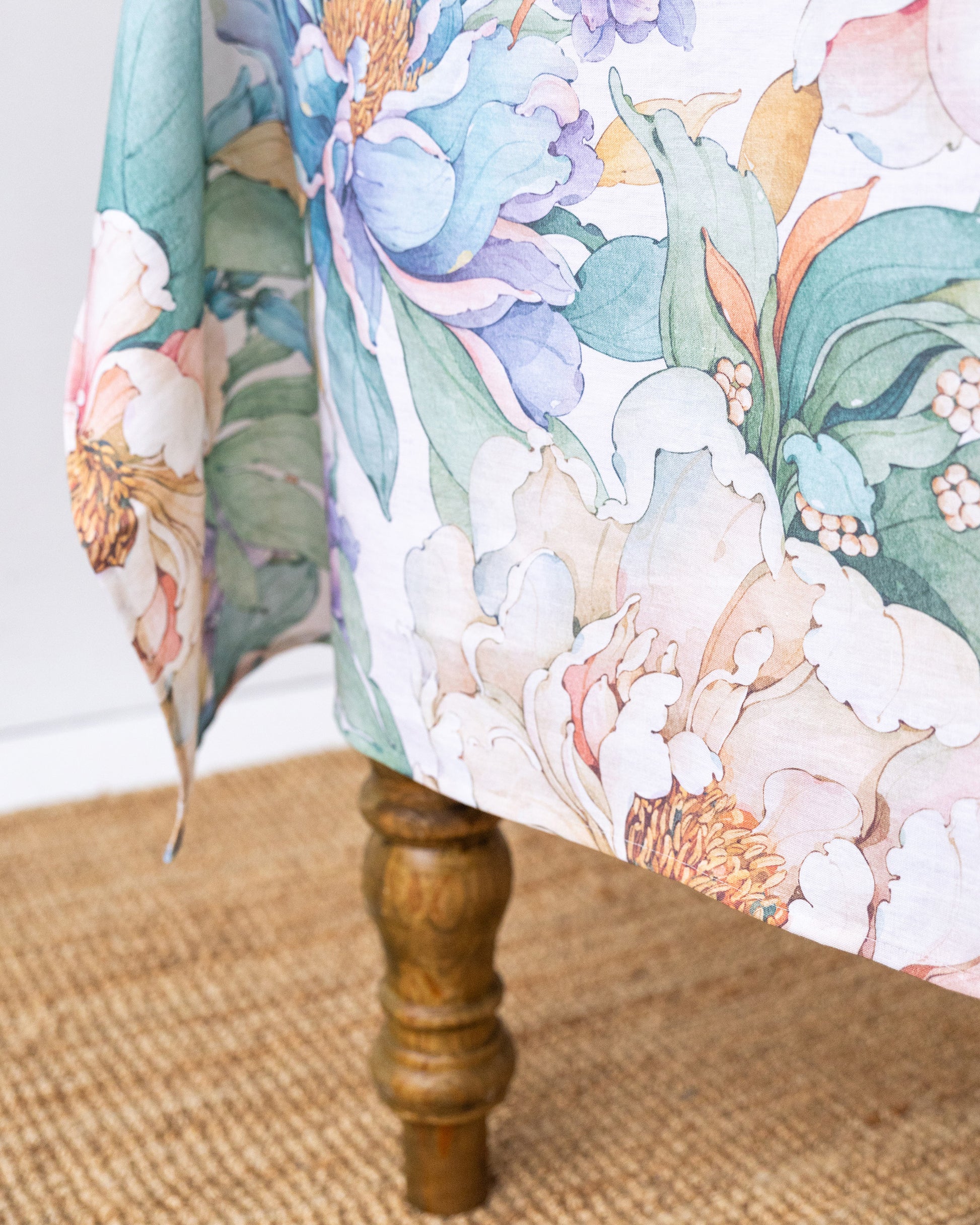 Vibrant peonies print on white Linen Tablecloth | MagicLinen