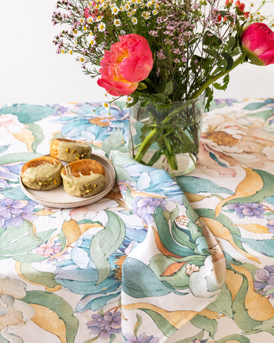 Vibrant peonies print on white Linen Tablecloth | MagicLinen