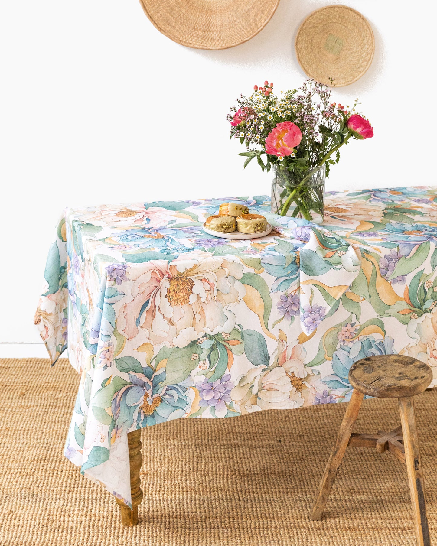 Vibrant peonies print on white Linen Tablecloth | MagicLinen