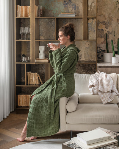 Women's waffle robe in Forest green - MagicLinen