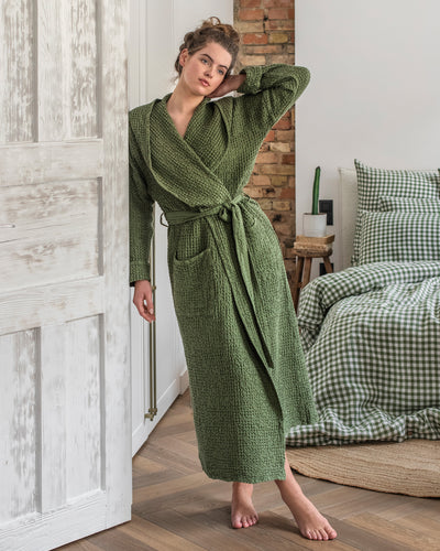 Women's waffle robe in Forest green - MagicLinen