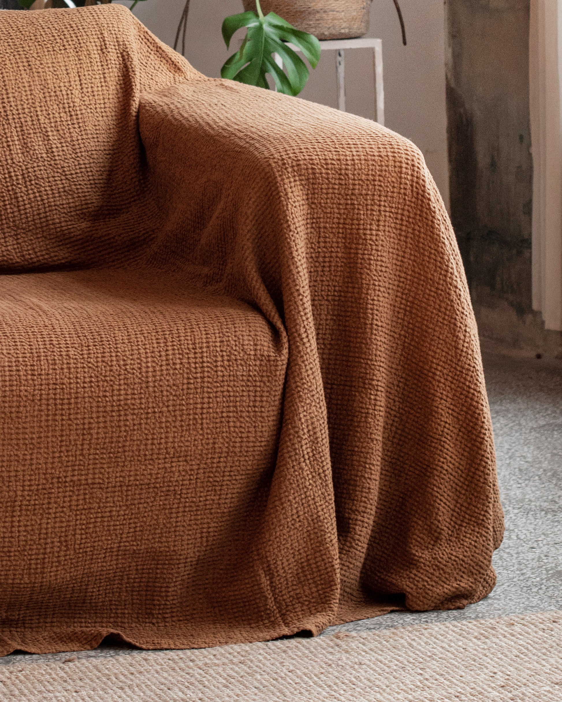 Waffle linen couch cover in Cinnamon - MagicLinen